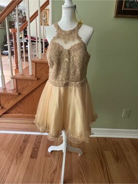 The Cindy Collection Gold Juniors Party Dress with Beaded Bodice